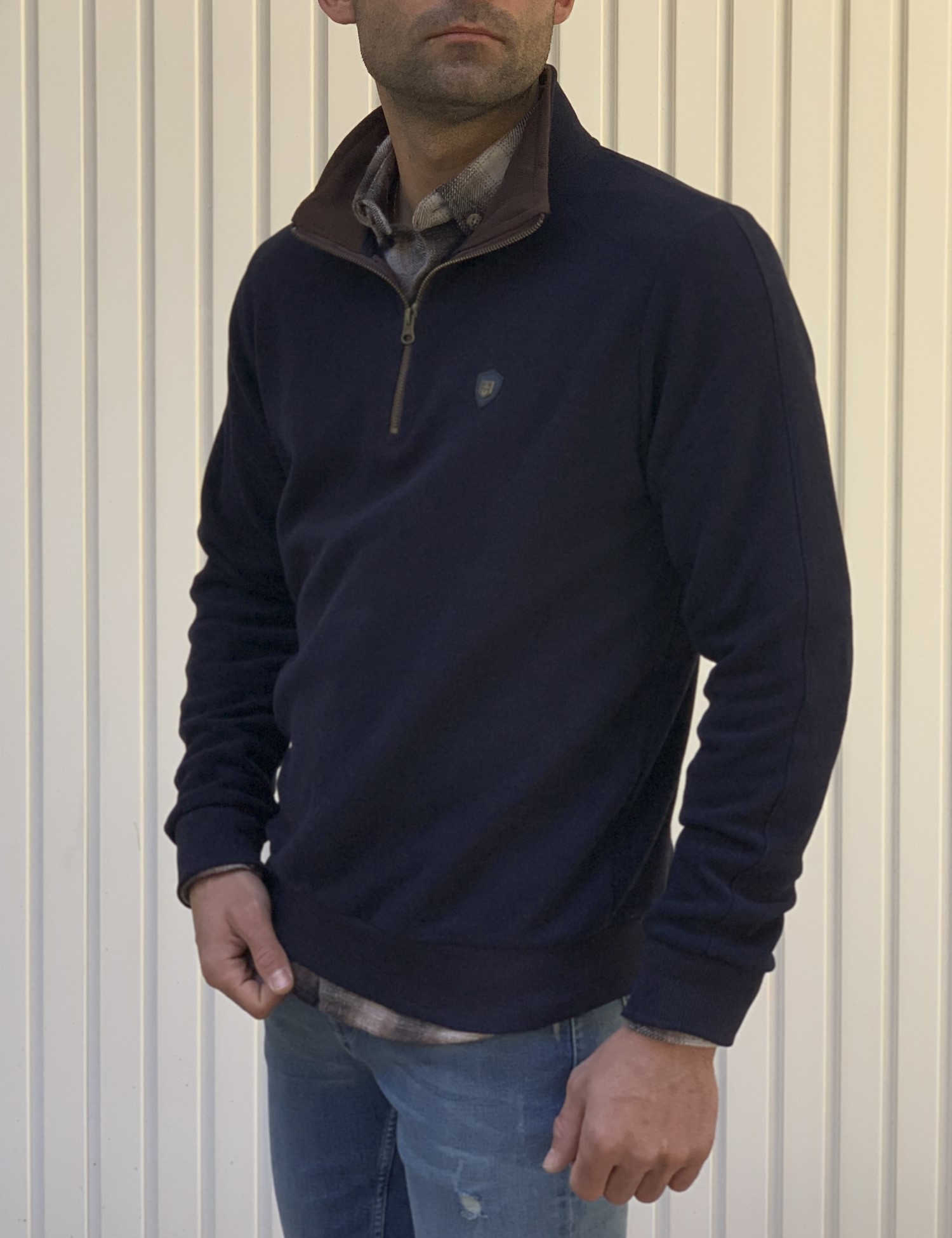 Everbest Ανδρική μπλε navy ριπ με βελούδινη υφή μπλούζα με γιακά και φερμουάρ 251040B φωτογραφία